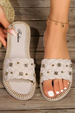 Outlet Dear-Lover Metal Decor Braided Pattern PU Leather Slippers White