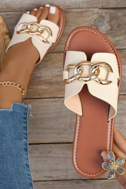 Clearance Dear-Lover Metal Decor Cutout PU Leather Flat Slippers White