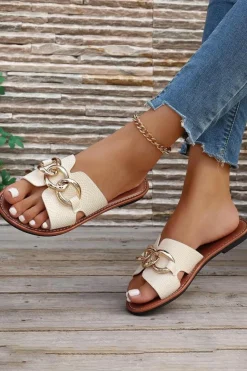 Clearance Dear-Lover Metal Decor Cutout PU Leather Flat Slippers White