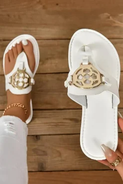 Outlet Dear-Lover Metal Decor Leather Thong Slippers White