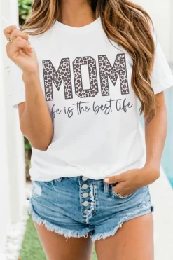 Fashion Dear-Lover MOM life is the best life Graphic T Shirt White