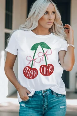 Hot Dear-Lover MON CHERI Cherry Graphic Crewneck T shirt White