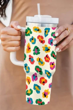Clearance Dear-Lover Multi Color Leopard Print Handle Stainless Tumbler 40oz White