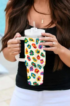 Clearance Dear-Lover Multi Color Leopard Print Handle Stainless Tumbler 40oz White