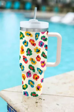 Clearance Dear-Lover Multi Color Leopard Print Handle Stainless Tumbler 40oz White