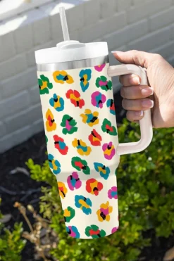 Clearance Dear-Lover Multi Color Leopard Print Handle Stainless Tumbler 40oz White