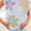 Best Dear-Lover Multi Crochet Flower Knit Short Sleeve Sweater Tops White