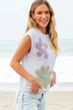 Best Dear-Lover Multi Crochet Flower Knit Short Sleeve Sweater Tops White