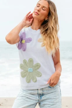 Best Dear-Lover Multi Crochet Flower Knit Short Sleeve Sweater Tops White