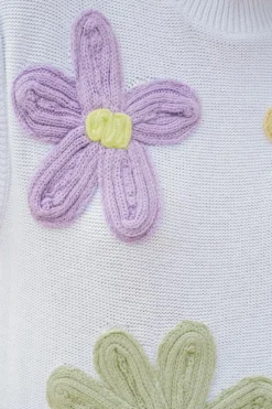 Best Dear-Lover Multi Crochet Flower Knit Short Sleeve Sweater Tops White