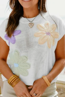 Best Dear-Lover Multi Crochet Flower Knit Short Sleeve Sweater Tops White