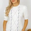 Fashion Dear-Lover Multicolor Stitch Detail Cable Knit Short Sleeve Sweater White