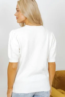 Fashion Dear-Lover Multicolor Stitch Detail Cable Knit Short Sleeve Sweater White