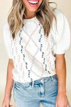 Fashion Dear-Lover Multicolor Stitch Detail Cable Knit Short Sleeve Sweater White