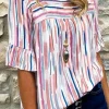 Outlet Dear-Lover Multicolor Striped Splash Half Sleeve Blouse White