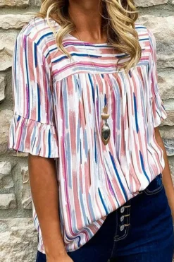 Outlet Dear-Lover Multicolor Striped Splash Half Sleeve Blouse White