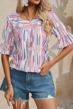 Outlet Dear-Lover Multicolor Striped Splash Half Sleeve Blouse White