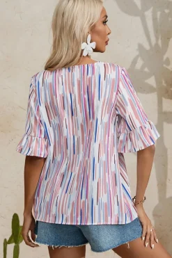Outlet Dear-Lover Multicolor Striped Splash Half Sleeve Blouse White