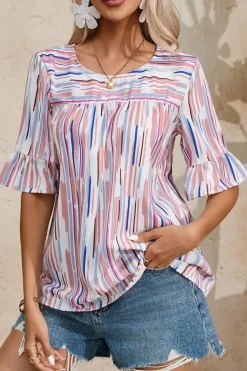 Outlet Dear-Lover Multicolor Striped Splash Half Sleeve Blouse White