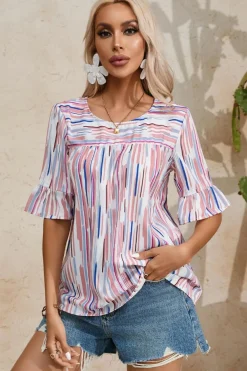 Outlet Dear-Lover Multicolor Striped Splash Half Sleeve Blouse White