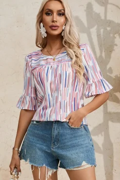 Outlet Dear-Lover Multicolor Striped Splash Half Sleeve Blouse White
