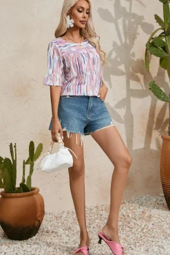 Outlet Dear-Lover Multicolor Striped Splash Half Sleeve Blouse White