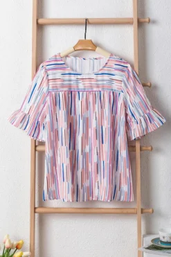 Outlet Dear-Lover Multicolor Striped Splash Half Sleeve Blouse White