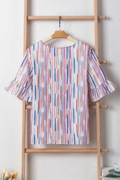 Outlet Dear-Lover Multicolor Striped Splash Half Sleeve Blouse White