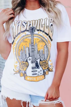 Sale Dear-Lover Music City NASHVILLE Guitar Graphic T Shirt White