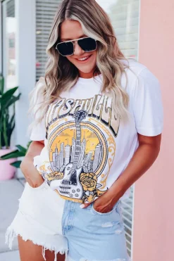 Sale Dear-Lover Music City NASHVILLE Guitar Graphic T Shirt White