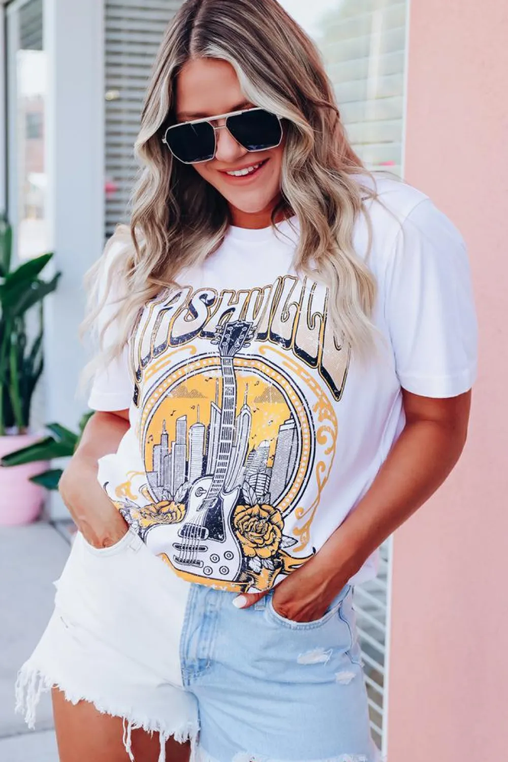 Sale Dear-Lover Music City NASHVILLE Guitar Graphic T Shirt White