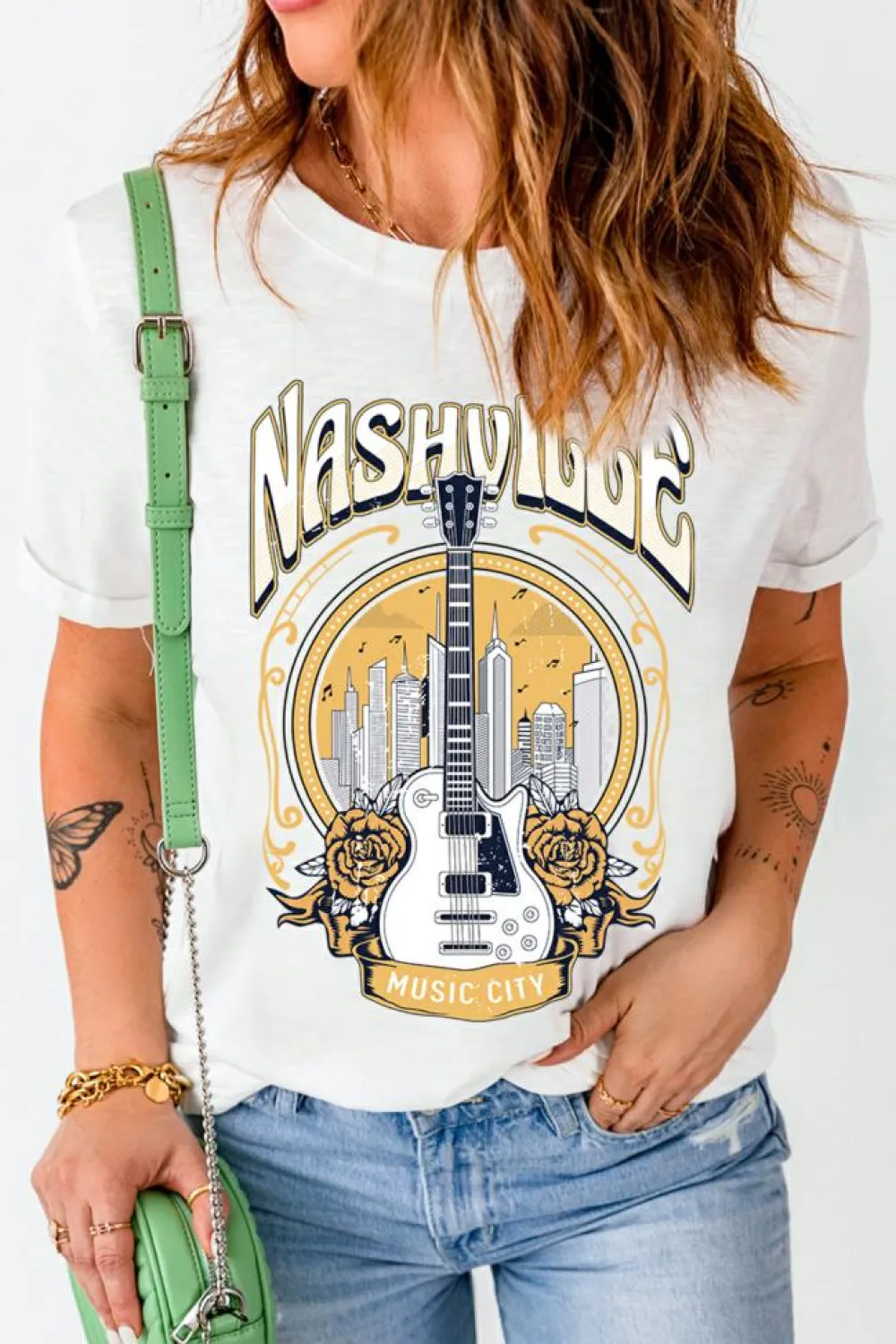 Sale Dear-Lover Music City NASHVILLE Guitar Graphic T Shirt White