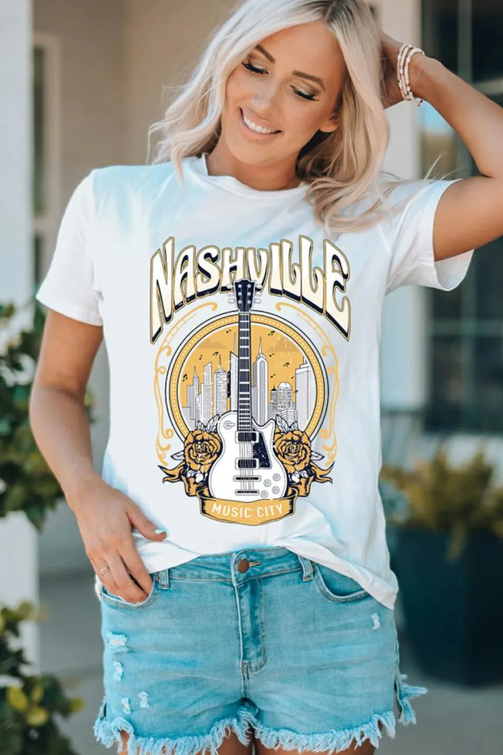Sale Dear-Lover Music City NASHVILLE Guitar Graphic T Shirt White