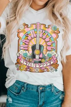 Clearance Dear-Lover NASHIVILLE Guitar Graphic Country Music T Shirt White