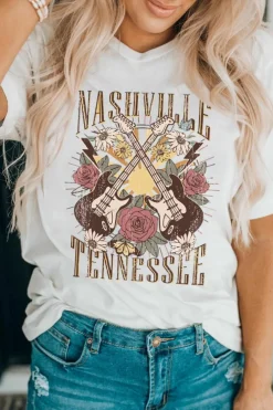 Outlet Dear-Lover Nashville Tennessee Guitar Rose Graphic Crewneck Tee White