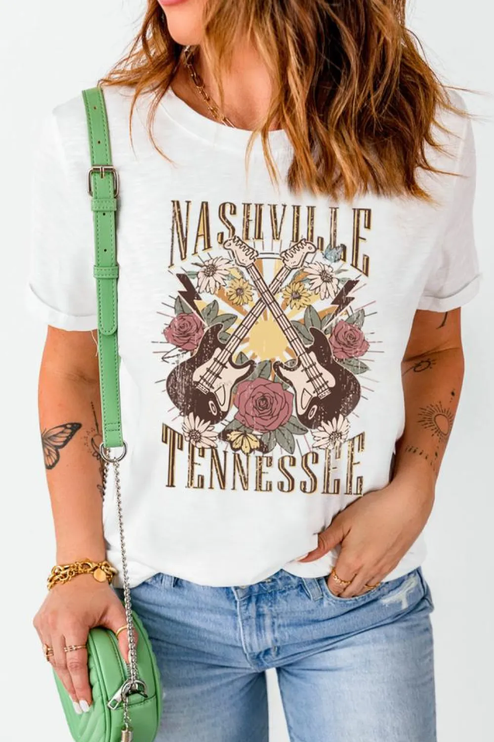 Outlet Dear-Lover Nashville Tennessee Guitar Rose Graphic Crewneck Tee White