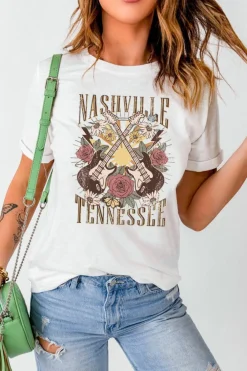 Outlet Dear-Lover Nashville Tennessee Guitar Rose Graphic Crewneck Tee White
