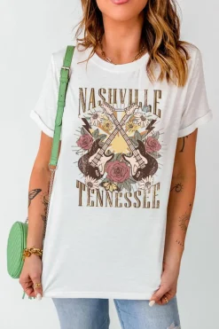 Outlet Dear-Lover Nashville Tennessee Guitar Rose Graphic Crewneck Tee White