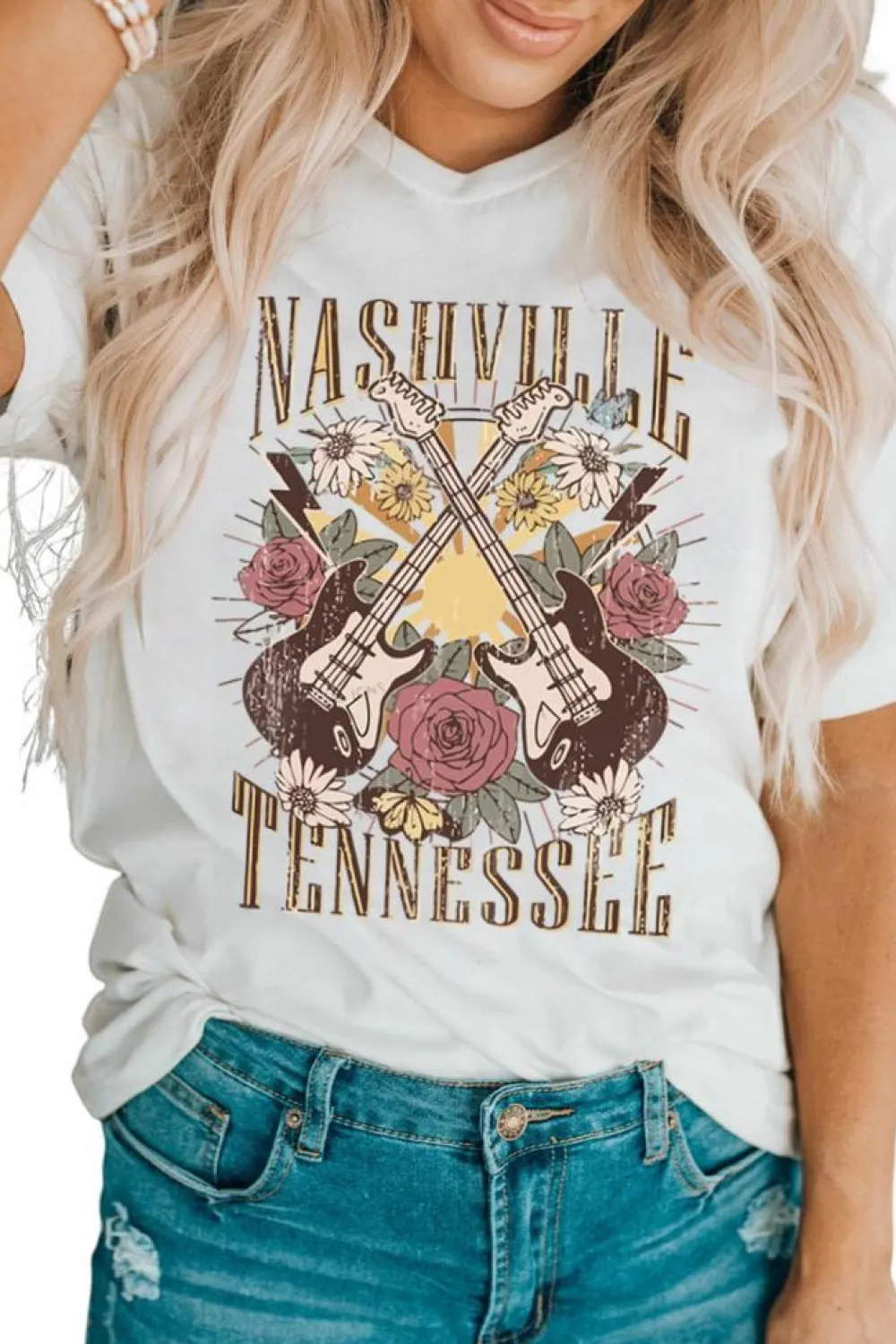 Outlet Dear-Lover Nashville Tennessee Guitar Rose Graphic Crewneck Tee White