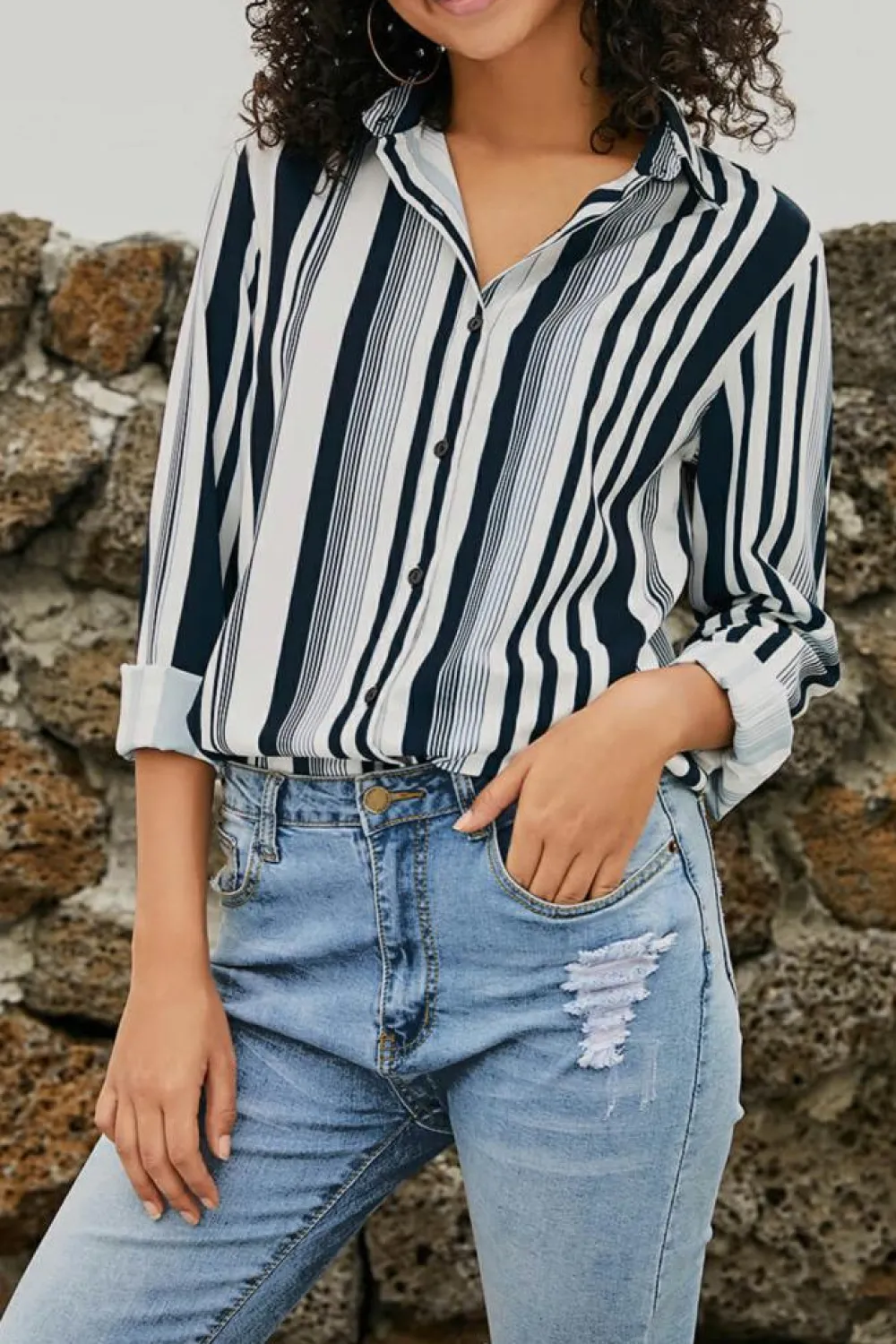 Best Dear-Lover Navy Striped Modern Women Shirt White