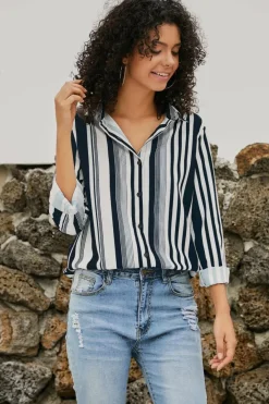 Best Dear-Lover Navy Striped Modern Women Shirt White