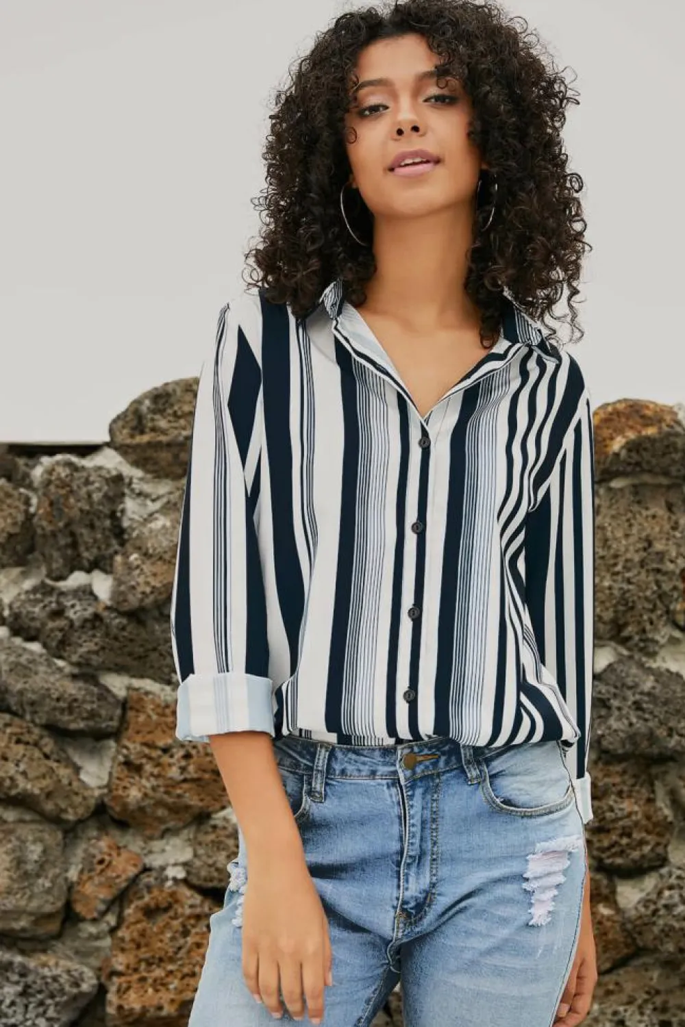 Best Dear-Lover Navy Striped Modern Women Shirt White
