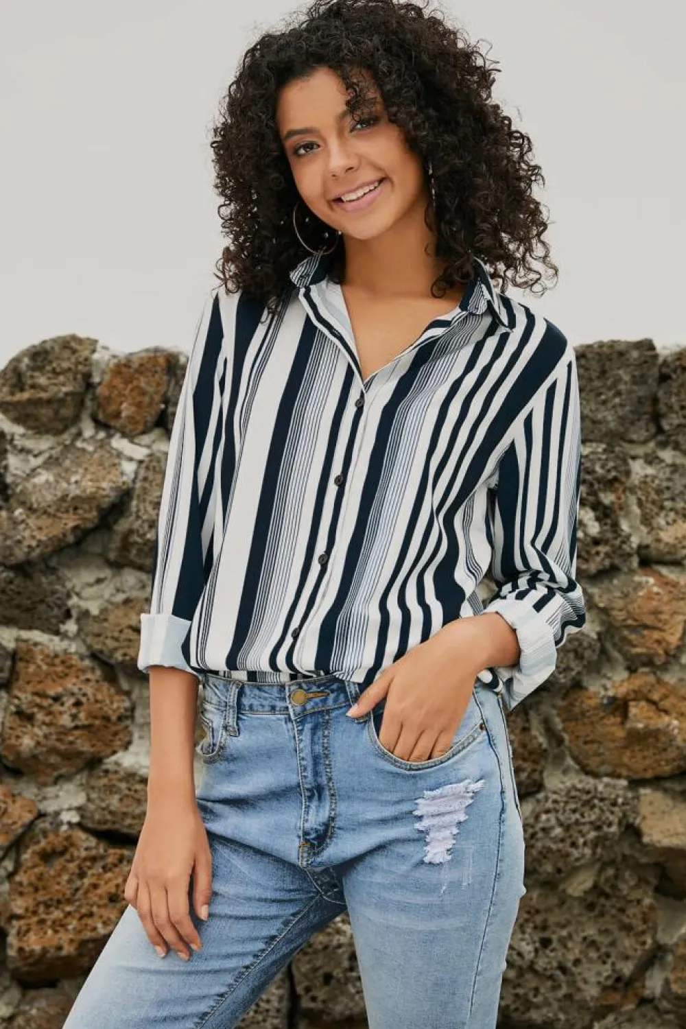 Best Dear-Lover Navy Striped Modern Women Shirt White