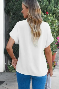 Fashion Dear-Lover Notched Neck Batwing Sleeve Lightweight Blouse White