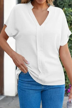Fashion Dear-Lover Notched Neck Batwing Sleeve Lightweight Blouse White