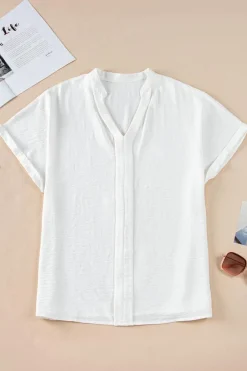 Fashion Dear-Lover Notched Neck Batwing Sleeve Lightweight Blouse White