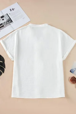 Fashion Dear-Lover Notched Neck Batwing Sleeve Lightweight Blouse White
