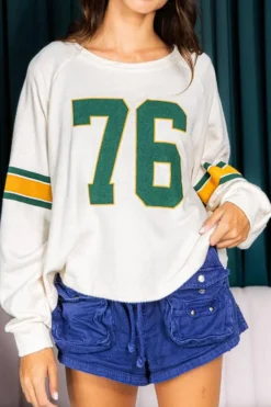 Best Dear-Lover Number 76 Printed Retro Sporty Long Sleeve Top White