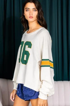 Best Dear-Lover Number 76 Printed Retro Sporty Long Sleeve Top White