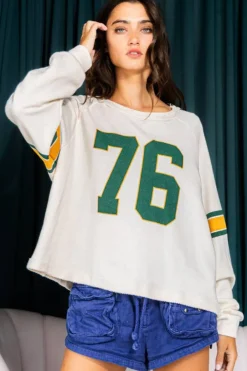 Best Dear-Lover Number 76 Printed Retro Sporty Long Sleeve Top White